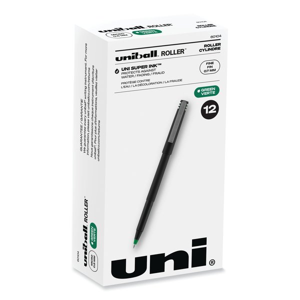 Uni-Ball Stick Roller Ball Pen, Fine 0.7mm, Green Ink, Black Matte Barrel, PK12 60104